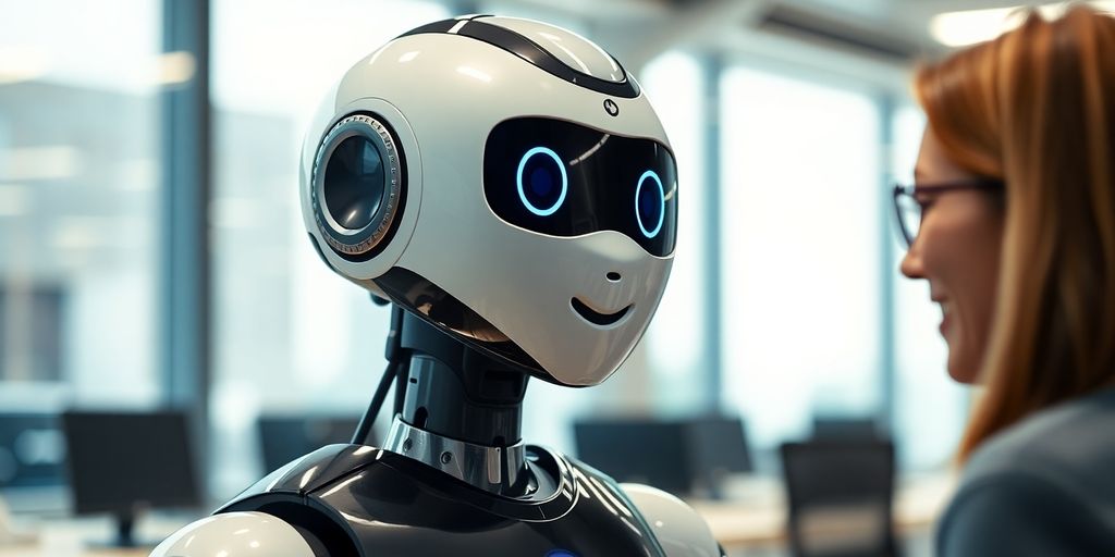 Friendly AI robot interacting with a user in an office.