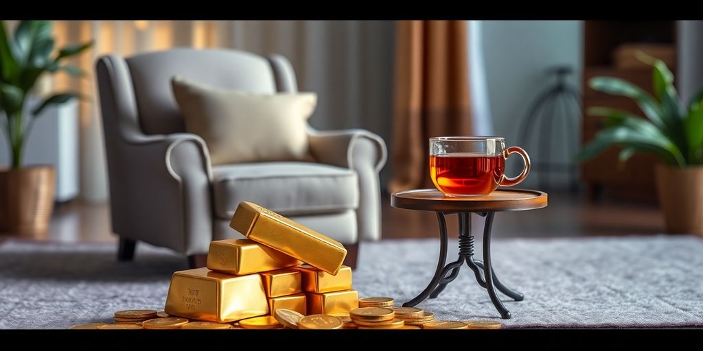 Des lingots d'or et des pièces dans un cadre paisible.