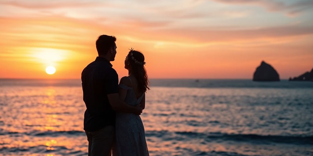 Couple enjoying sunset at Cabo San Lucas beach.