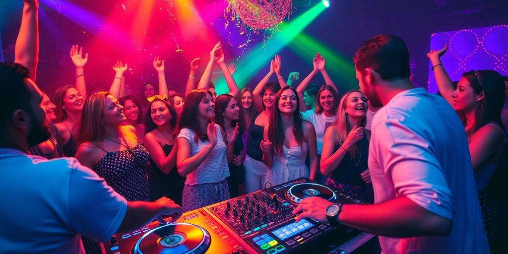 A DJ performing at a lively party with dancing guests.