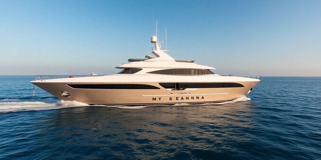 Luxurious My Seanna yacht sailing on blue ocean waves.