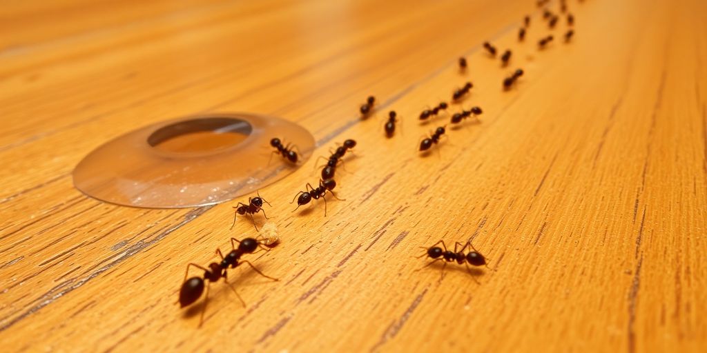 Fourmis marchant sur un plancher en bois.