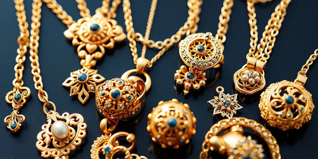 Bijoux en or élégants et variés sur fond neutre.