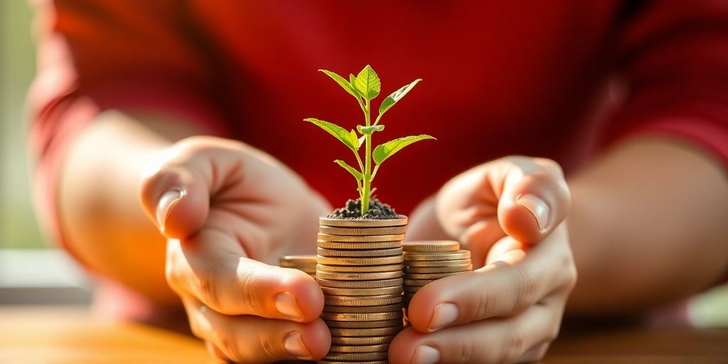 Person holding plant growing from coins.