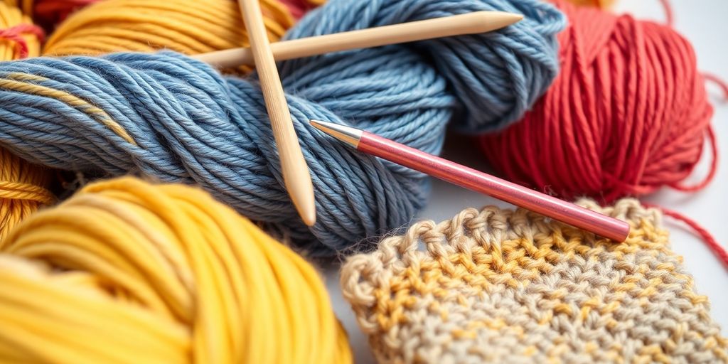 Yarn skeins, knitting needles, crocheting hook, fabric swatch.