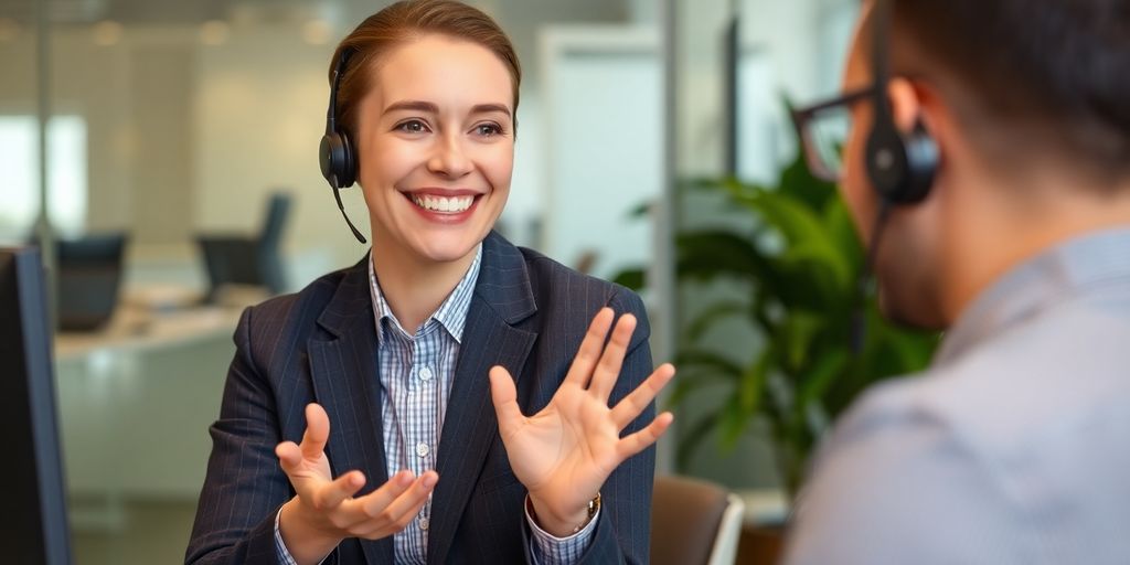 Businessperson politely gesturing to a customer before placing them on hold.