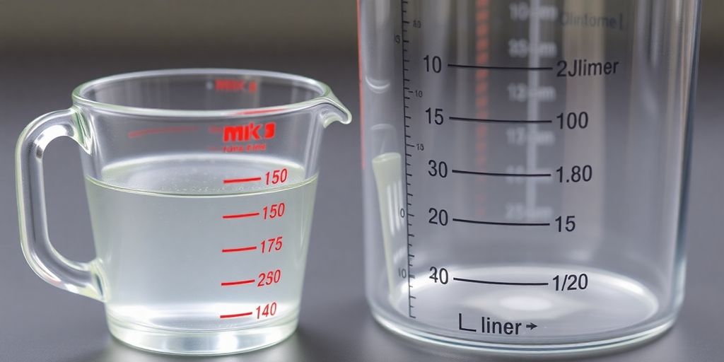 Measuring cup with liquid beside liters.