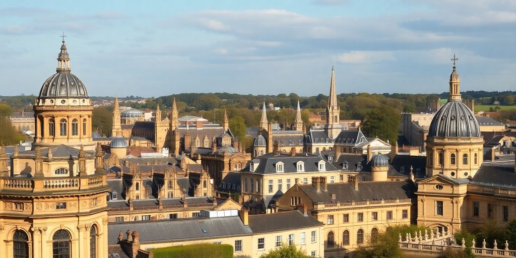 Oxford's spires against a clear blue sky.