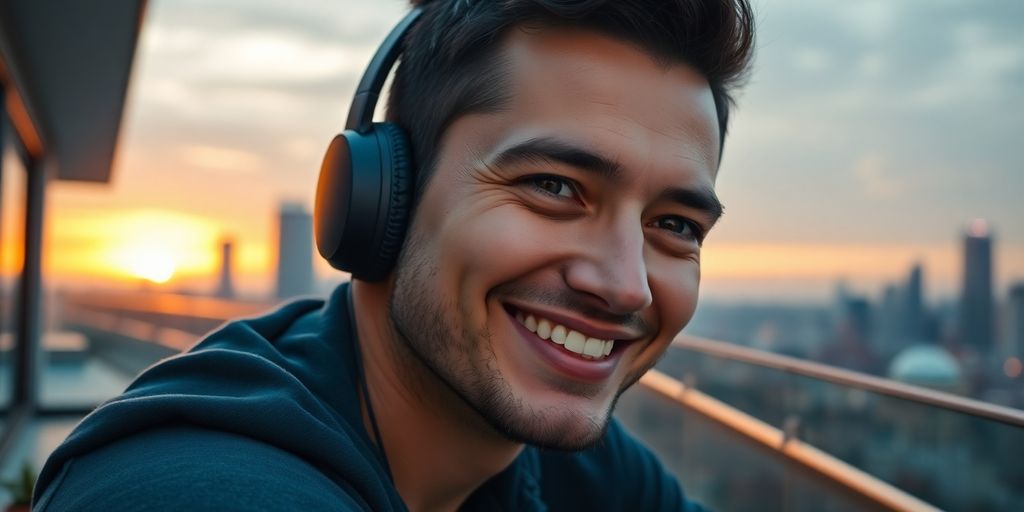 Entrepreneur listening to podcast with city background.