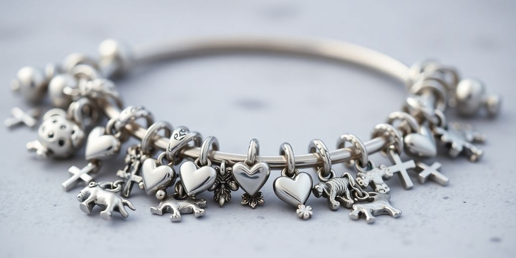 Silver charm bracelet with various charms.