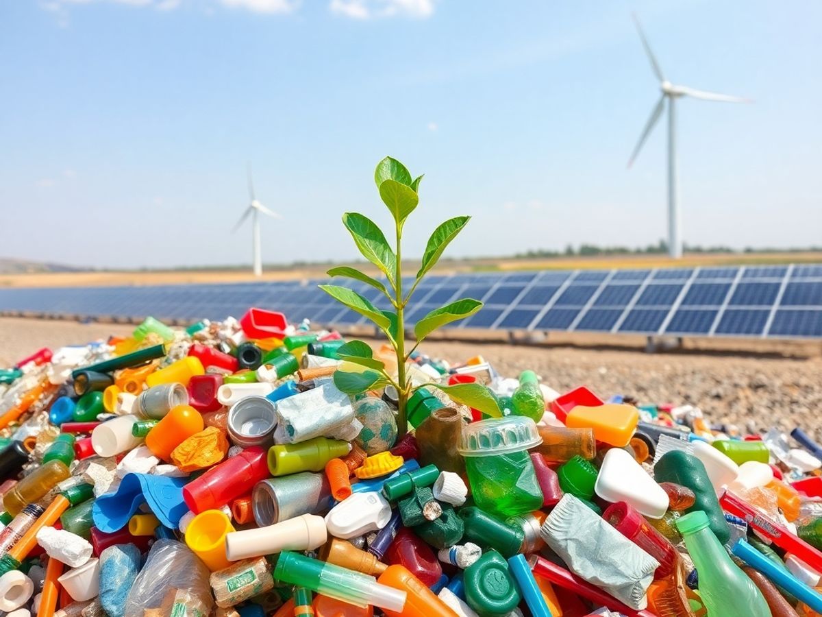 Plantă verde crescând din materiale reciclate, fundal cu turbine eoliene.