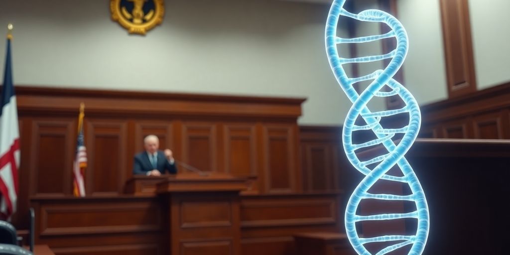 Courtroom with DNA helix evidence.