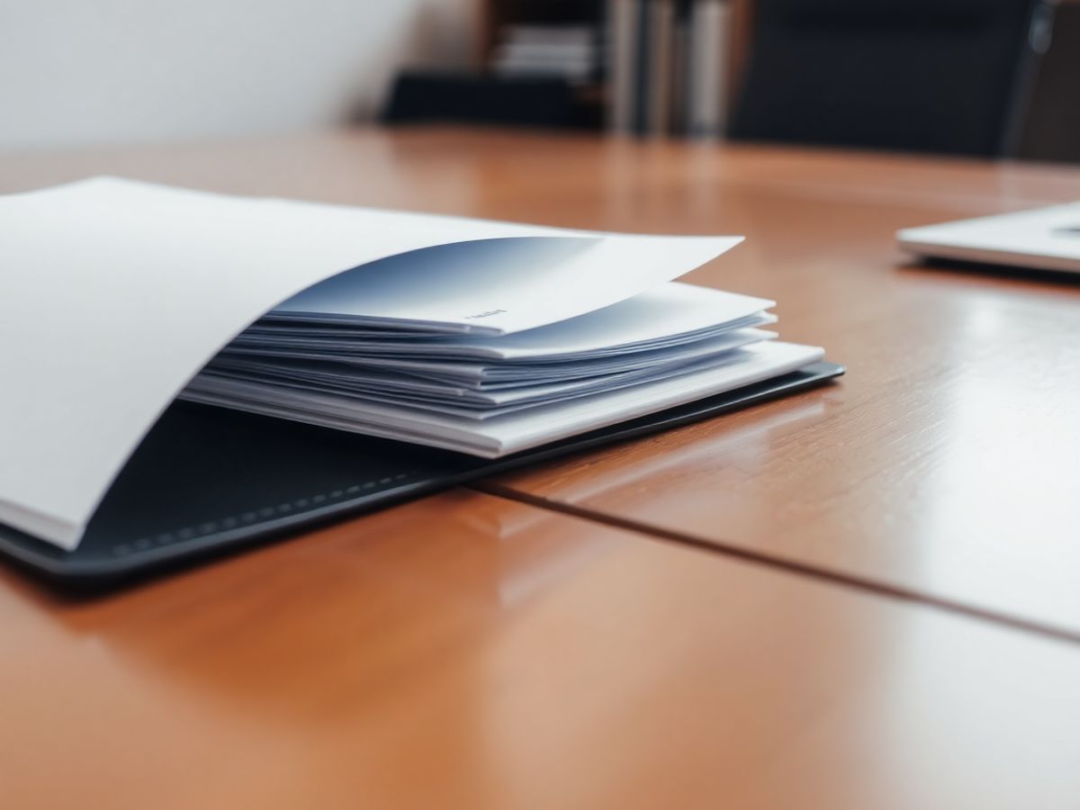 Un dosar deschis pe un birou, cu documente