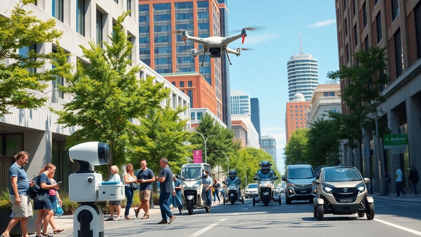 People with robots and drones on sunny Australian city street