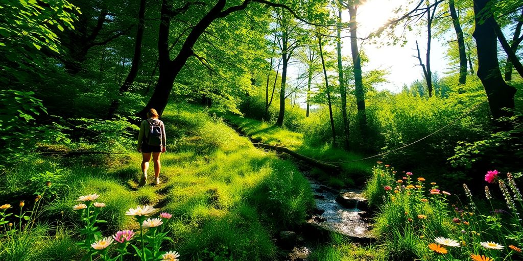 Person erkundet einen Wald mit bunten Blumen.