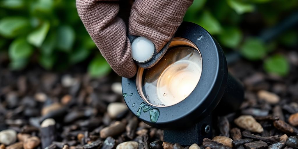 Hand cleaning dirt from a landscape light.
