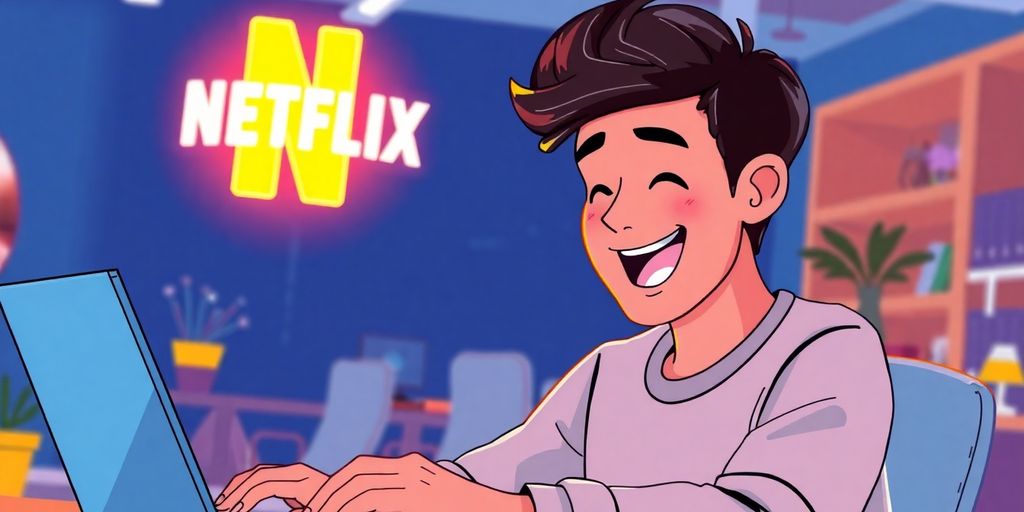 Laptop, person, Netflix logo, bright colors.
