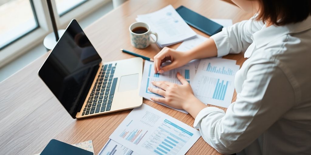 Person managing finances with a laptop and paperwork.