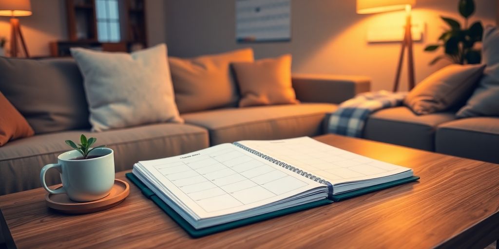 Living room with planner, tea, and plant for scheduling.