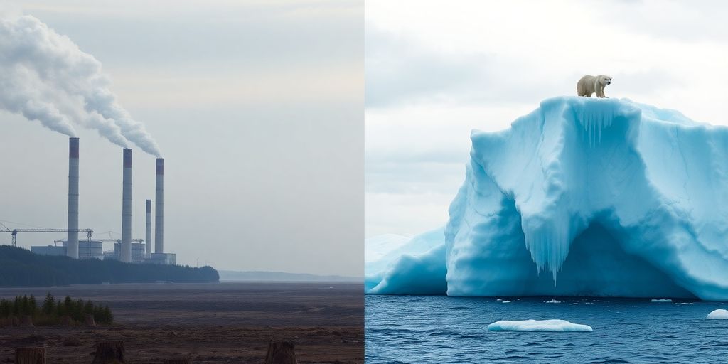 Industrial smoke, deforested land, melting ice.