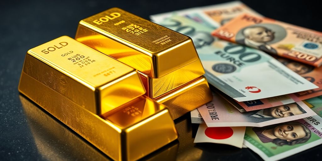 Lingots d'or et devises mondiales.