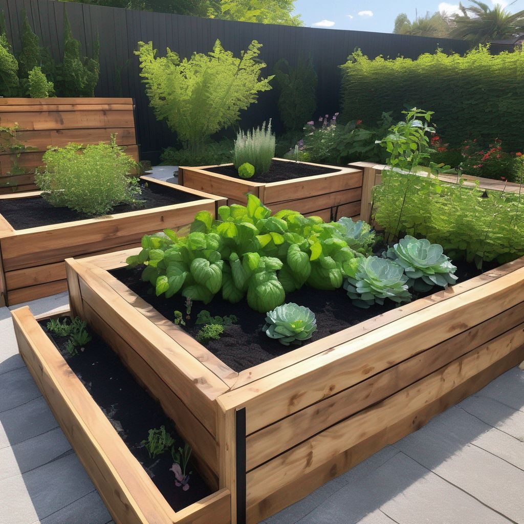 wooden raised garden beds in lush garden