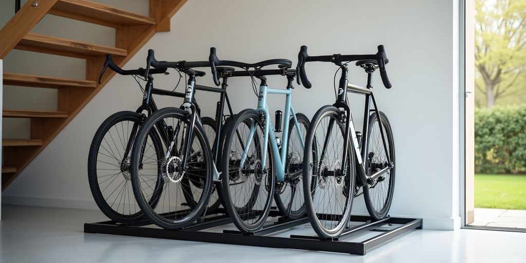 Three bicycles neatly arranged on a stylish bike rack.