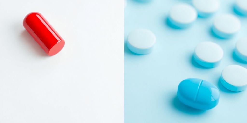 Two pills, one red stimulant, one blue non-stimulant.