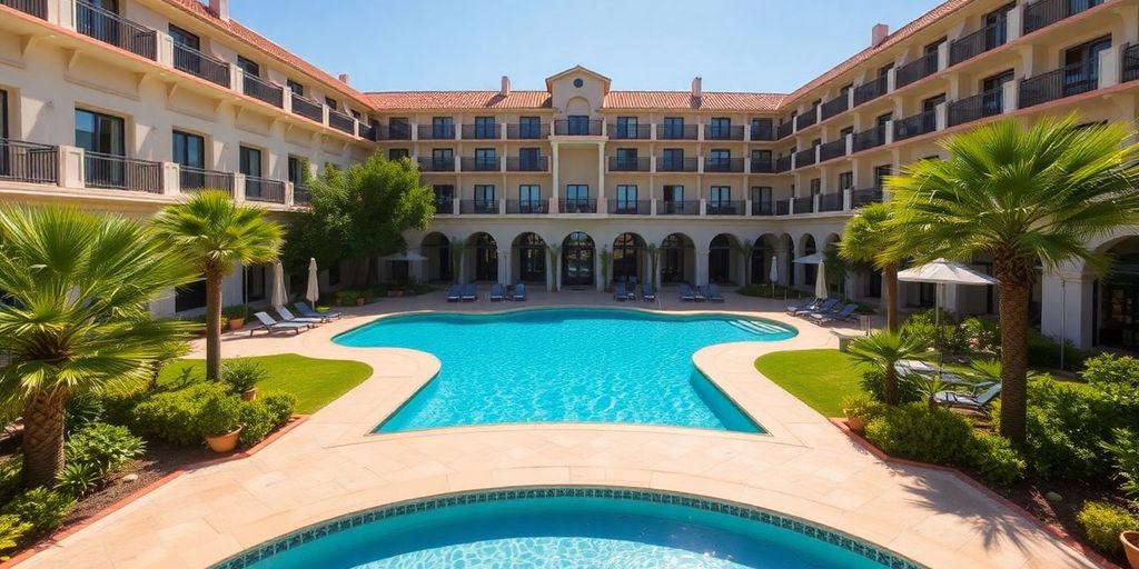 Elegantes Hotel Astoria Playa mit Pool und Garten.