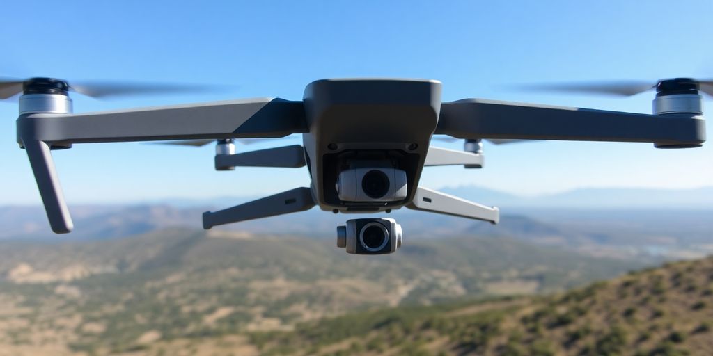 Drone survolant un paysage naturel avec ciel bleu.