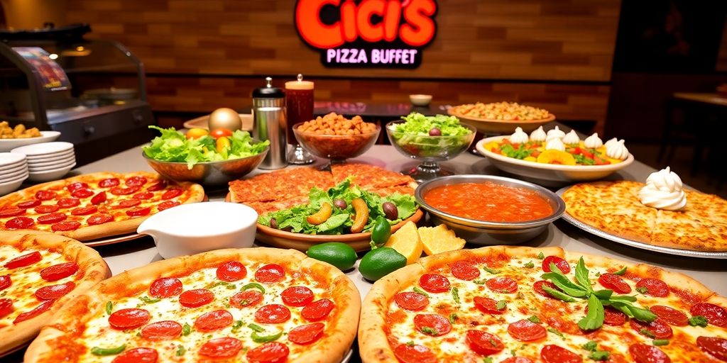 Assorted pizzas and food at CiCi's Pizza Buffet.