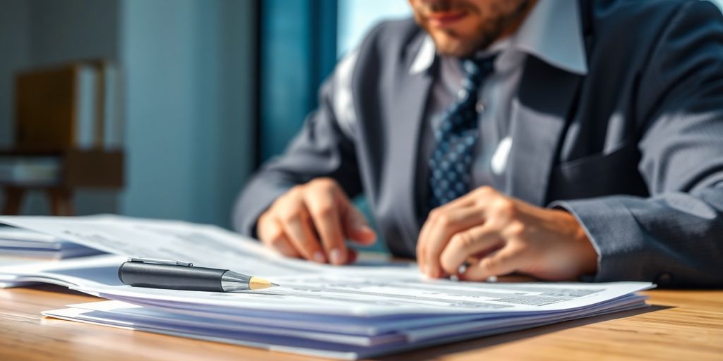 Professional manager reviewing financial documents.