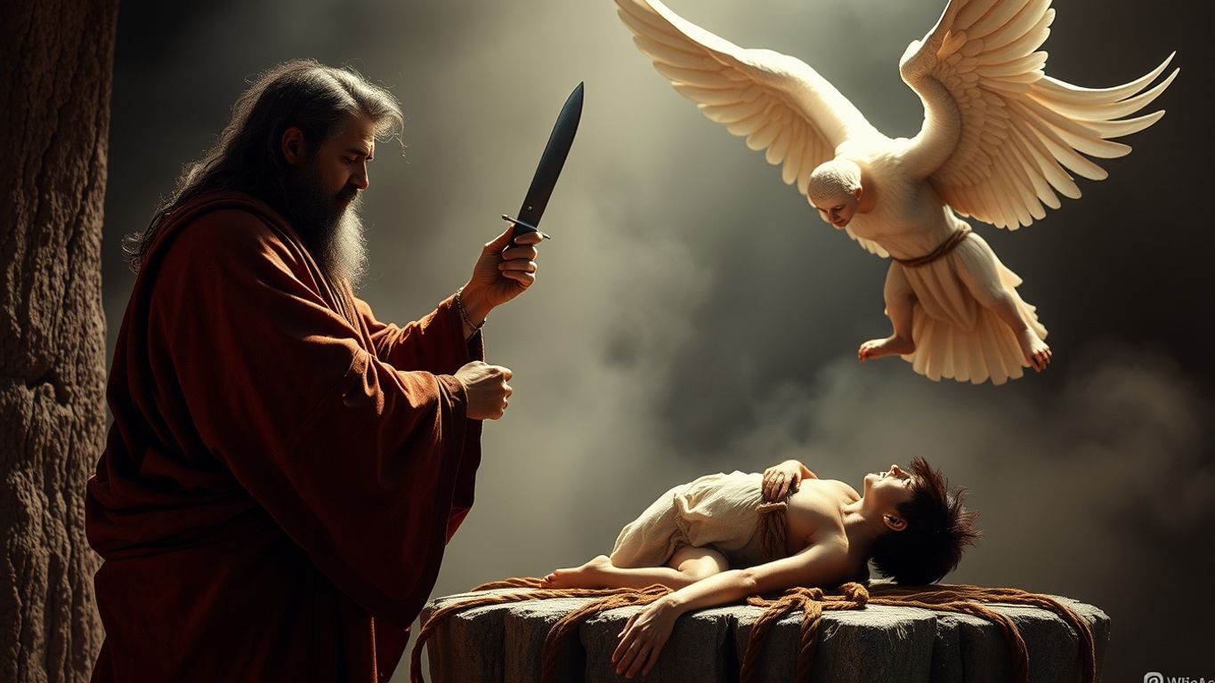Abraham with knife over Isaac, angel intervening