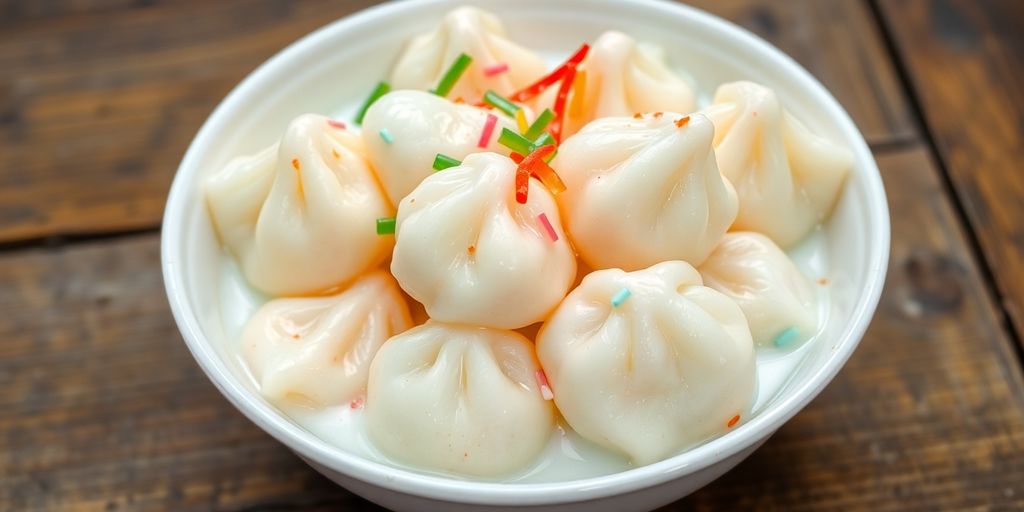 บัวลอยฟูในชามพร้อมน้ำกะทิและท็อปปิ้ง