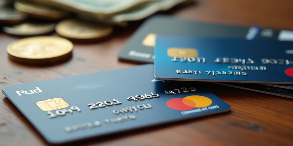 Zahlungsmethoden wie Kreditkarten und Bargeld auf einem Tisch.