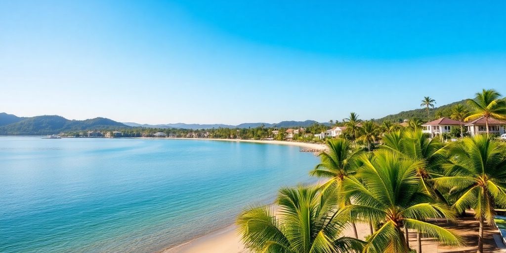 Koh Samui coastline with villas and lush palm trees.