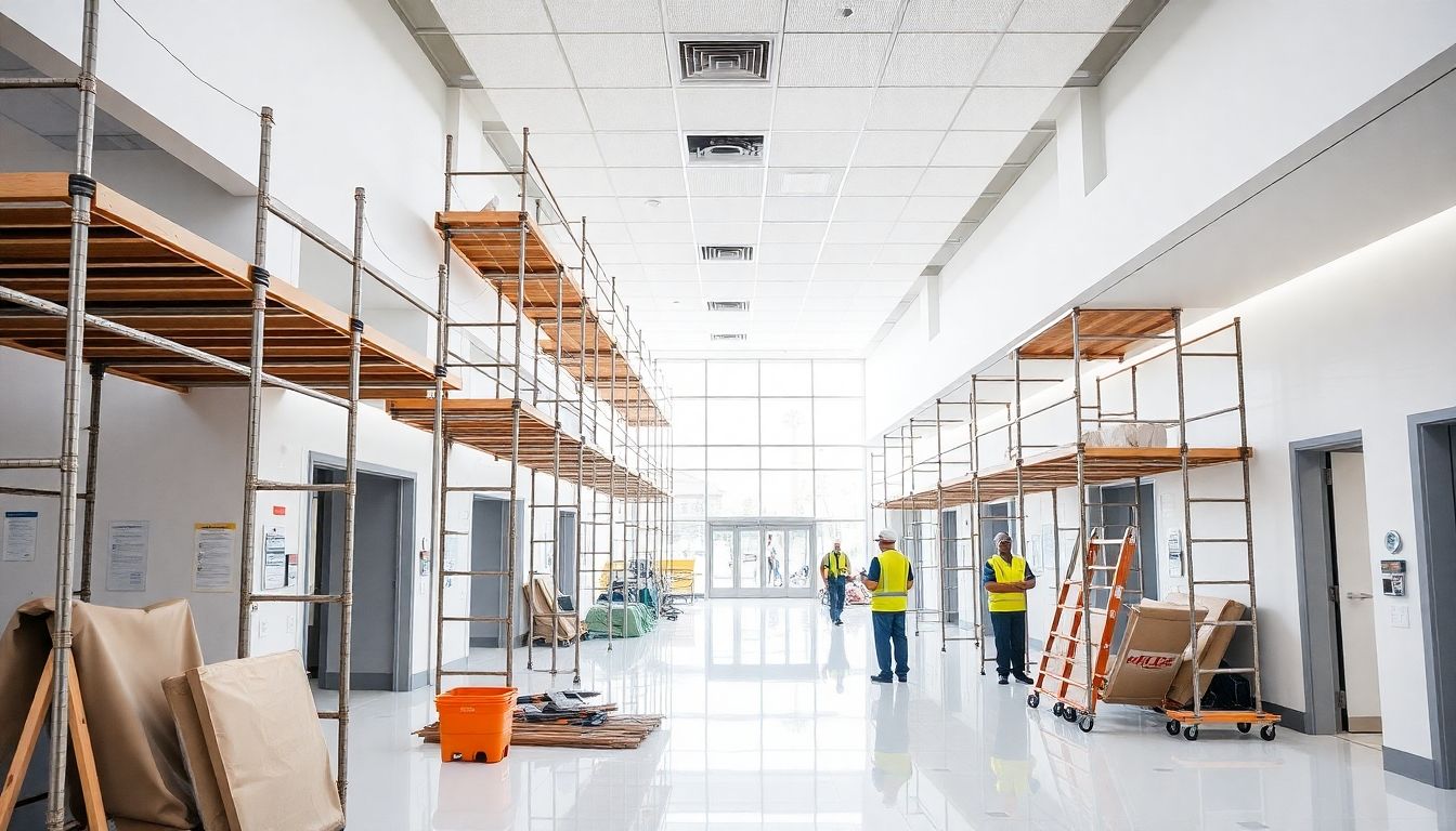 Renovation of a modern healthcare facility with construction tools.
