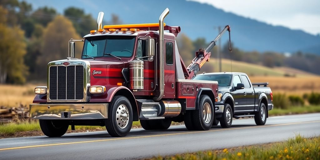 Towing truck hook up to a broken down pickup truck.