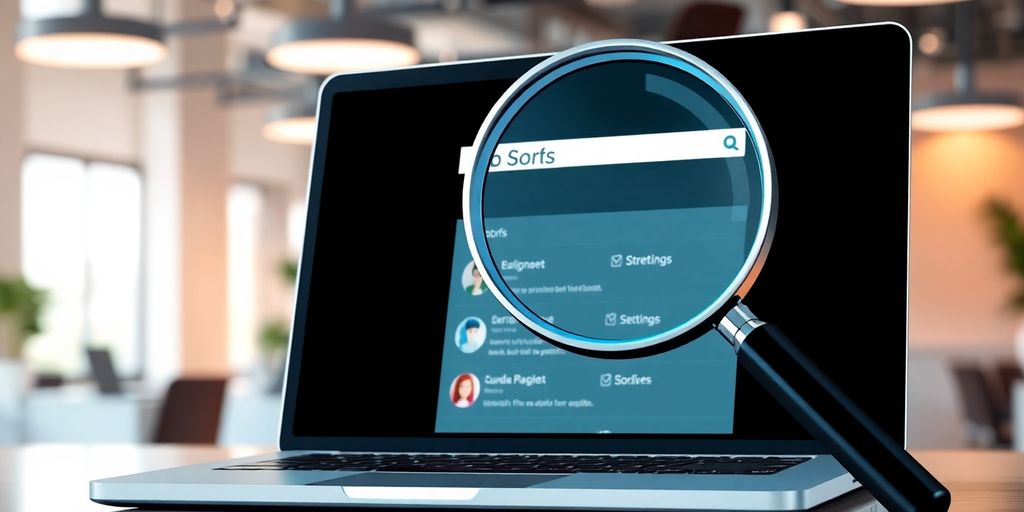 Laptop displaying job search, magnifying glass hovering over screen.