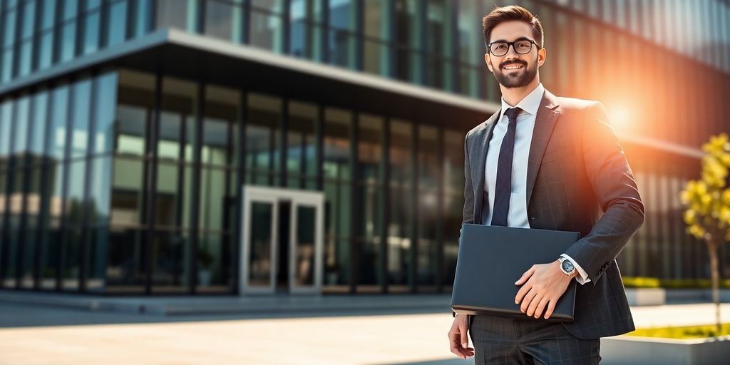 Business professional with briefcase in front of office building.