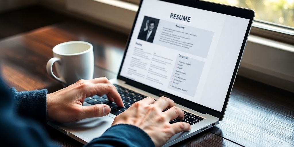 Laptop displaying resume template, hands typing on keyboard.