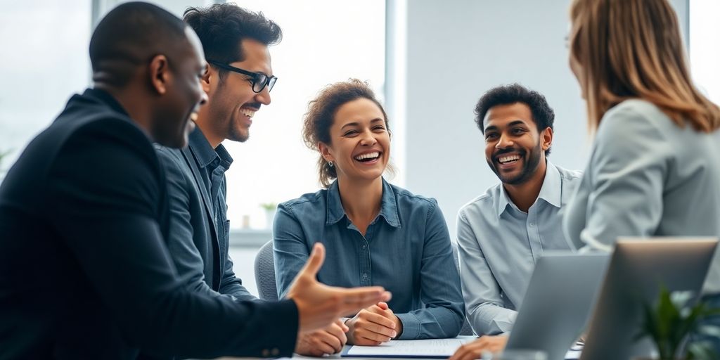 Colleagues connecting and smiling in a bright office.