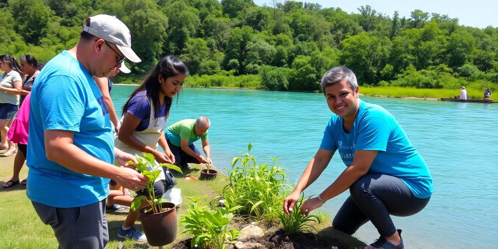 Comunidade limpa um rio rodeado por vegetação exuberante.