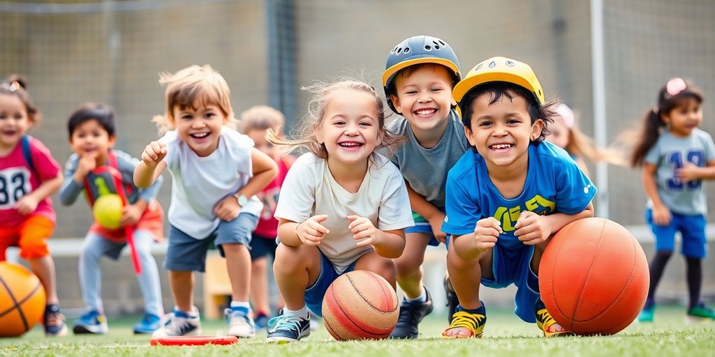 Children playing sports, radiating joy and motivation.