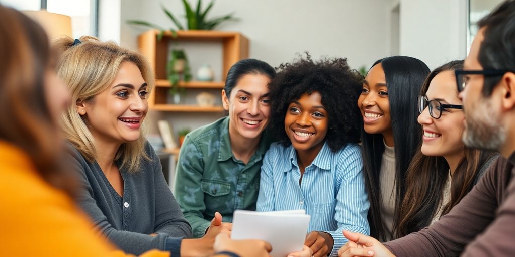 People discussing ideas in a casual learning environment.
