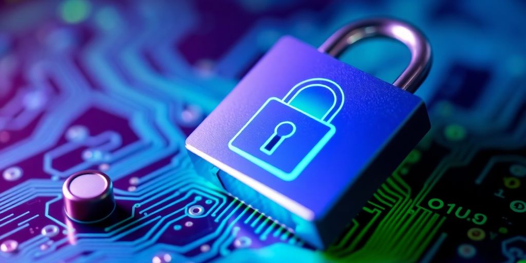 Digital lock and circuit board reflecting cybersecurity themes.