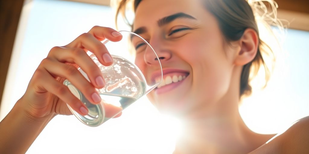 Person drinking water with a smile.