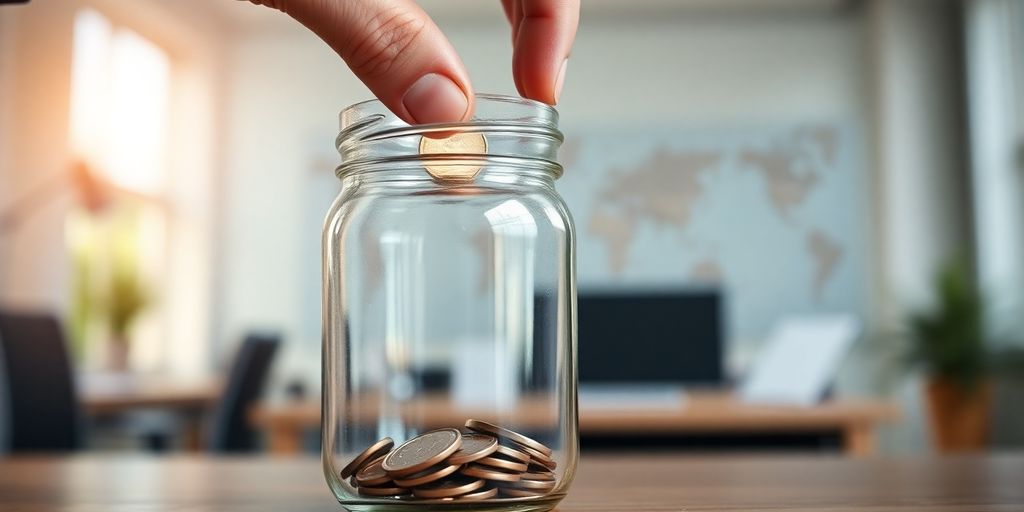 Hand putting coins in a glass jar for investment.