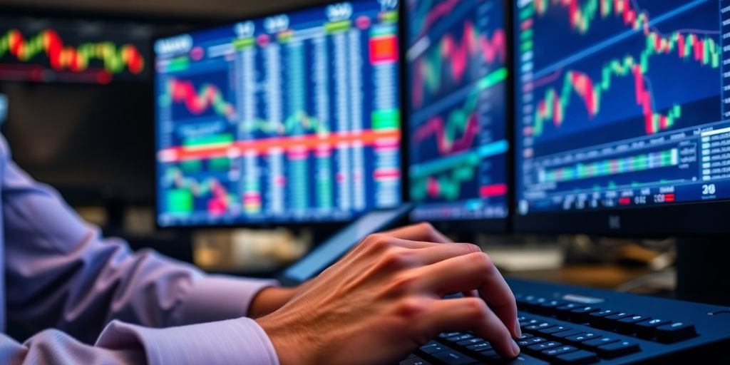 Trader's hands on keyboard in a busy trading environment.
