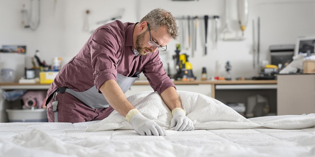 Tehnician control dăunători inspectând o saltea.